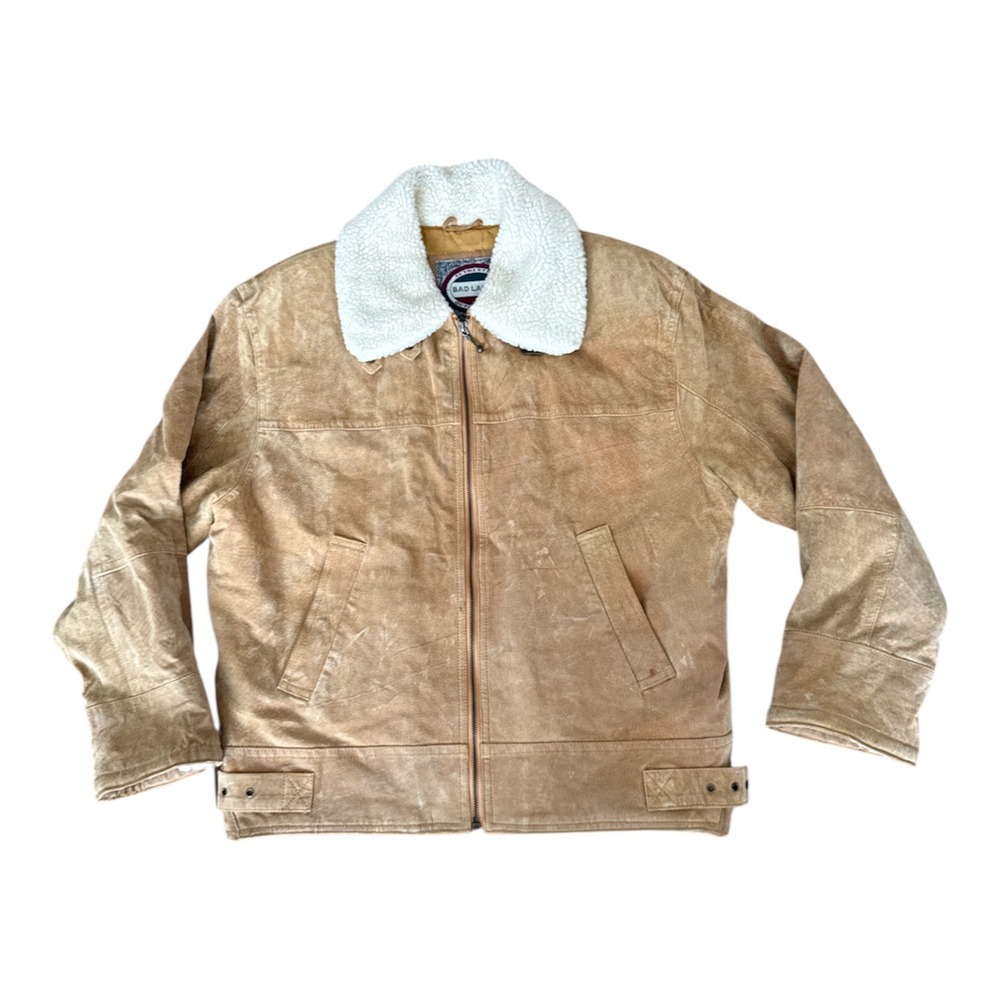 BAD LANDS Men's Suede Sherpa collar Lined Bomber Jacket Tan Large
